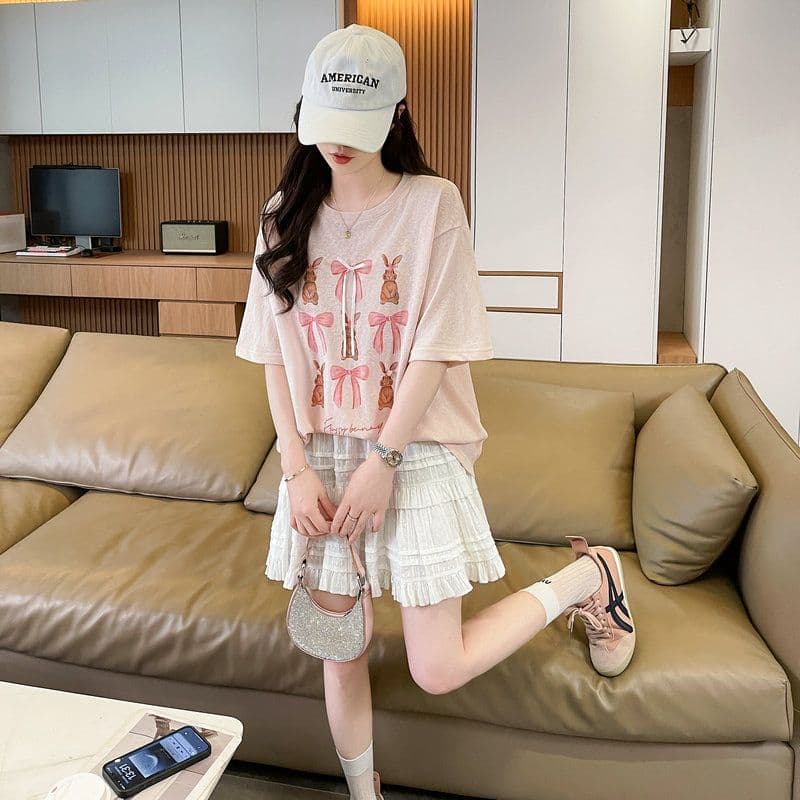 실사 2026 여름 눈꽃 면 60 면 40 폴리 에스터 만화 프린트 반팔 티셔츠 여성 상세 이미지 15