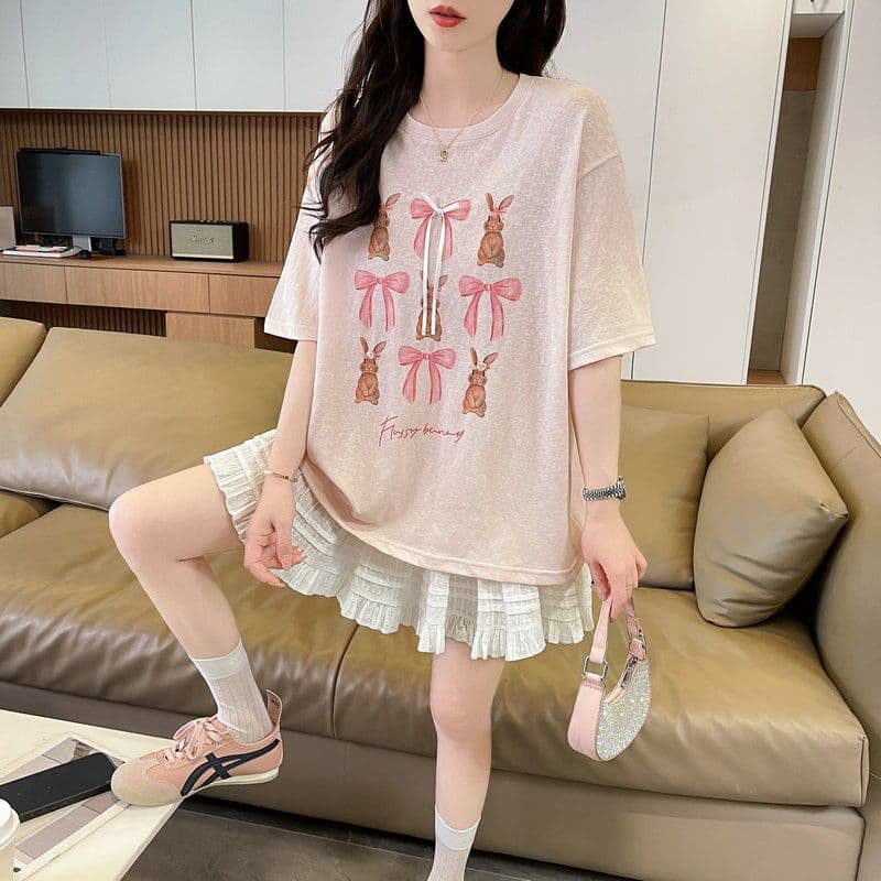실사 2026 여름 눈꽃 면 60 면 40 폴리 에스터 만화 프린트 반팔 티셔츠 여성 상세 이미지 16