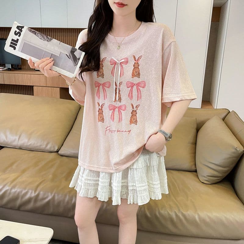 실사 2026 여름 눈꽃 면 60 면 40 폴리 에스터 만화 프린트 반팔 티셔츠 여성 상세 이미지 17