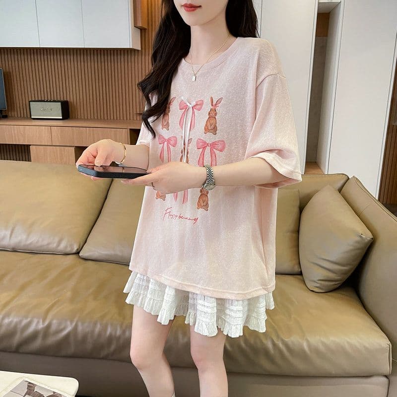 실사 2026 여름 눈꽃 면 60 면 40 폴리 에스터 만화 프린트 반팔 티셔츠 여성 상세 이미지 18