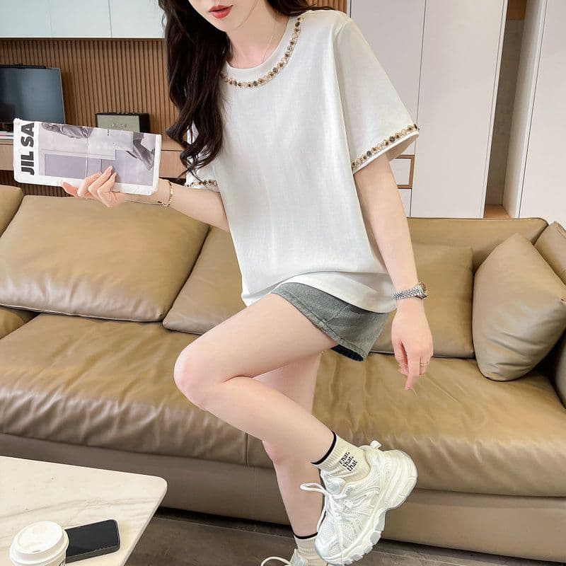 실사 2026 여름 순면 당겨 프레임 빅 사이즈 단색 반팔 티셔츠 여성 상세 이미지 7
