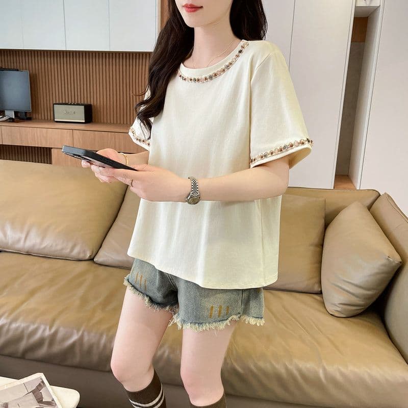 실사 2026 여름 순면 당겨 프레임 빅 사이즈 단색 반팔 티셔츠 여성 상세 이미지 18