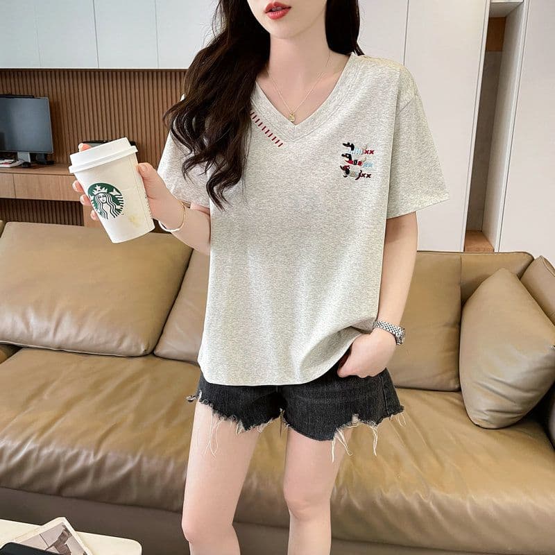 실사 2026 여름 순면 당겨 프레임 V넥 만화 빅 사이즈 반팔 티셔츠 여성 상세 이미지 4
