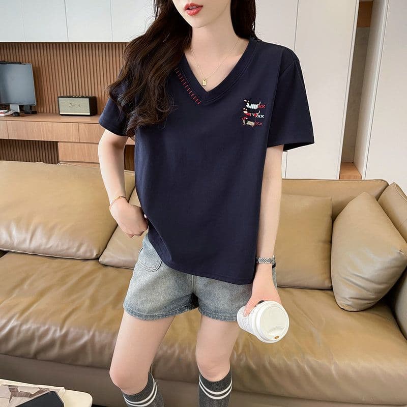 실사 2026 여름 순면 당겨 프레임 V넥 만화 빅 사이즈 반팔 티셔츠 여성 상세 이미지 15