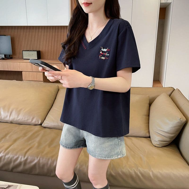 실사 2026 여름 순면 당겨 프레임 V넥 만화 빅 사이즈 반팔 티셔츠 여성 상세 이미지 17
