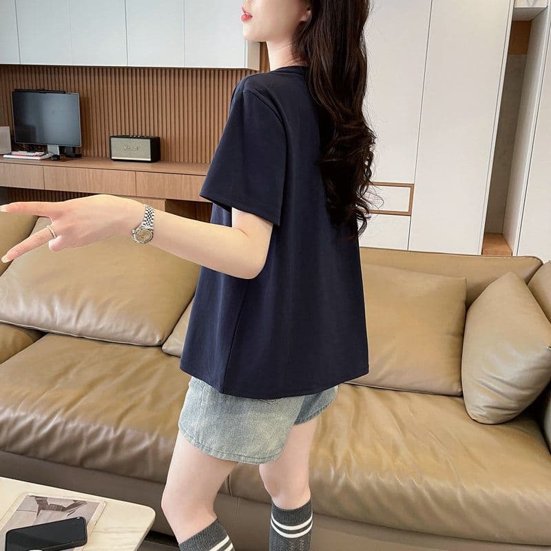 실사 2026 여름 순면 당겨 프레임 V넥 만화 빅 사이즈 반팔 티셔츠 여성 상세 이미지 19