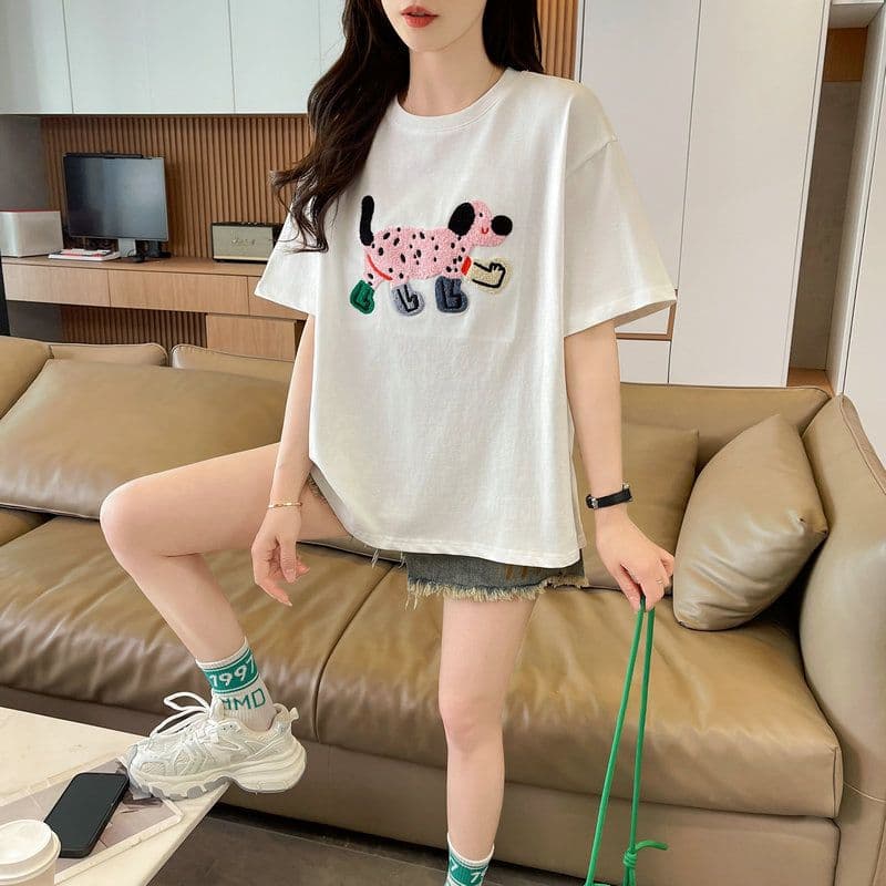 실사 2026 여름 50 면 50 폴리 에스터 남자 바 면 만화 수건 자수 빅 사이즈 반팔 티셔츠 여성 이미지 2