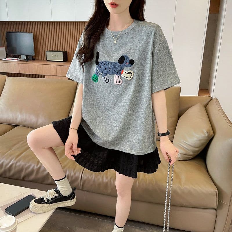 실사 2026 여름 50 면 50 폴리 에스터 남자 바 면 만화 수건 자수 빅 사이즈 반팔 티셔츠 여성 이미지 3