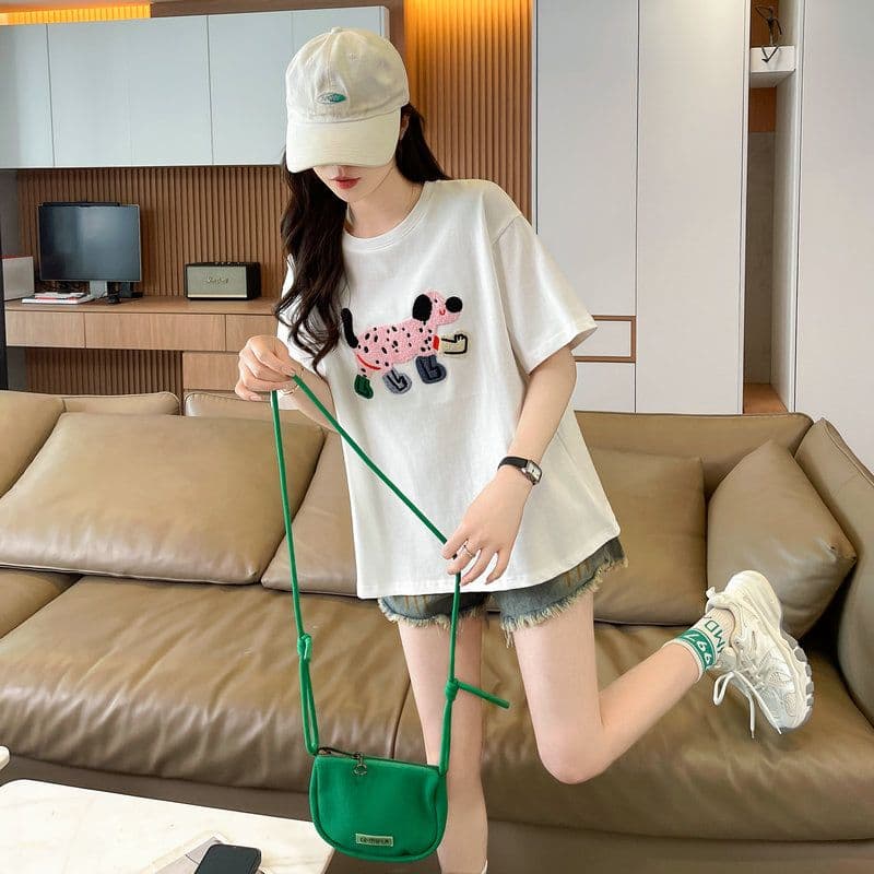 실사 2026 여름 50 면 50 폴리 에스터 남자 바 면 만화 수건 자수 빅 사이즈 반팔 티셔츠 여성 상세 이미지 3