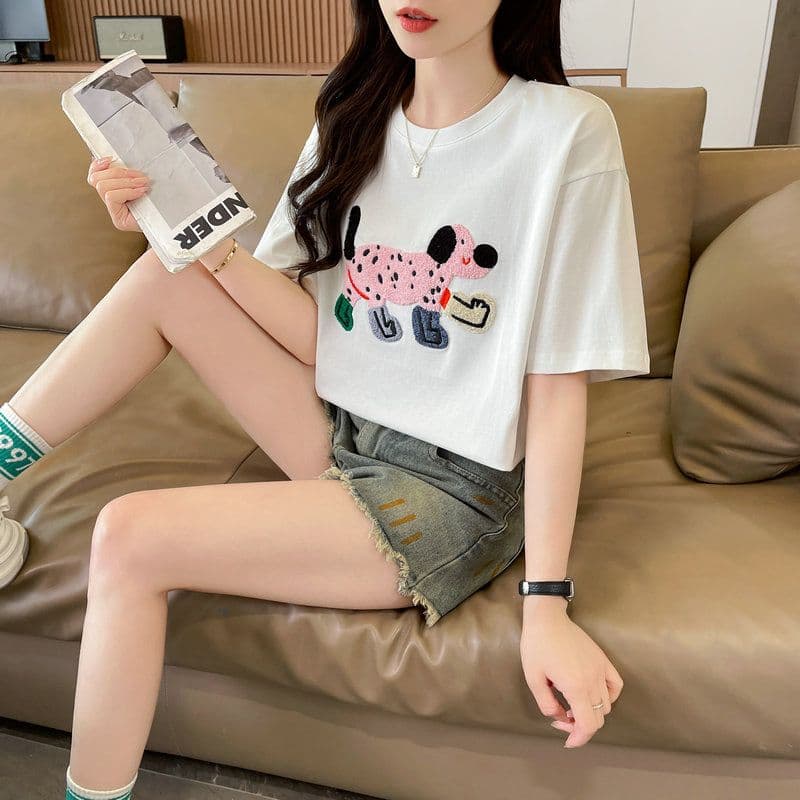 실사 2026 여름 50 면 50 폴리 에스터 남자 바 면 만화 수건 자수 빅 사이즈 반팔 티셔츠 여성 상세 이미지 12