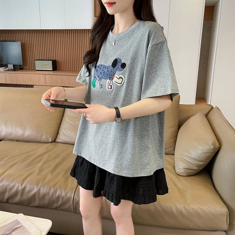 실사 2026 여름 50 면 50 폴리 에스터 남자 바 면 만화 수건 자수 빅 사이즈 반팔 티셔츠 여성 상세 이미지 16