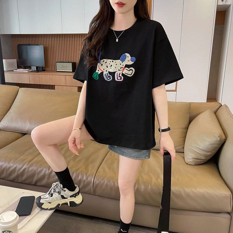 실사 2026 여름 50 면 50 폴리 에스터 남자 바 면 만화 수건 자수 빅 사이즈 반팔 티셔츠 여성 상세 이미지 23