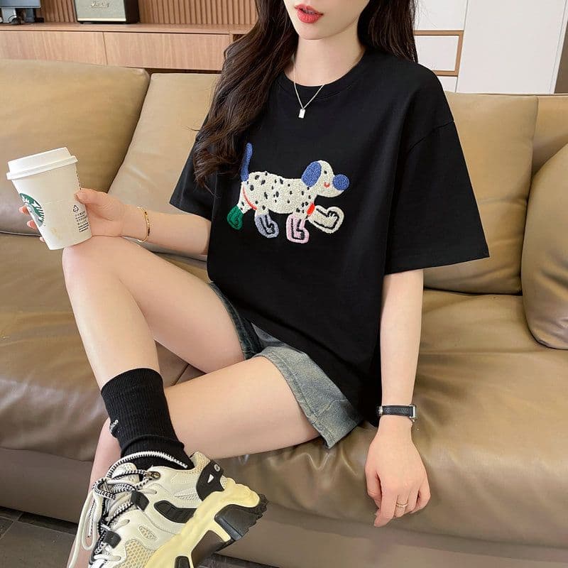 실사 2026 여름 50 면 50 폴리 에스터 남자 바 면 만화 수건 자수 빅 사이즈 반팔 티셔츠 여성 상세 이미지 28