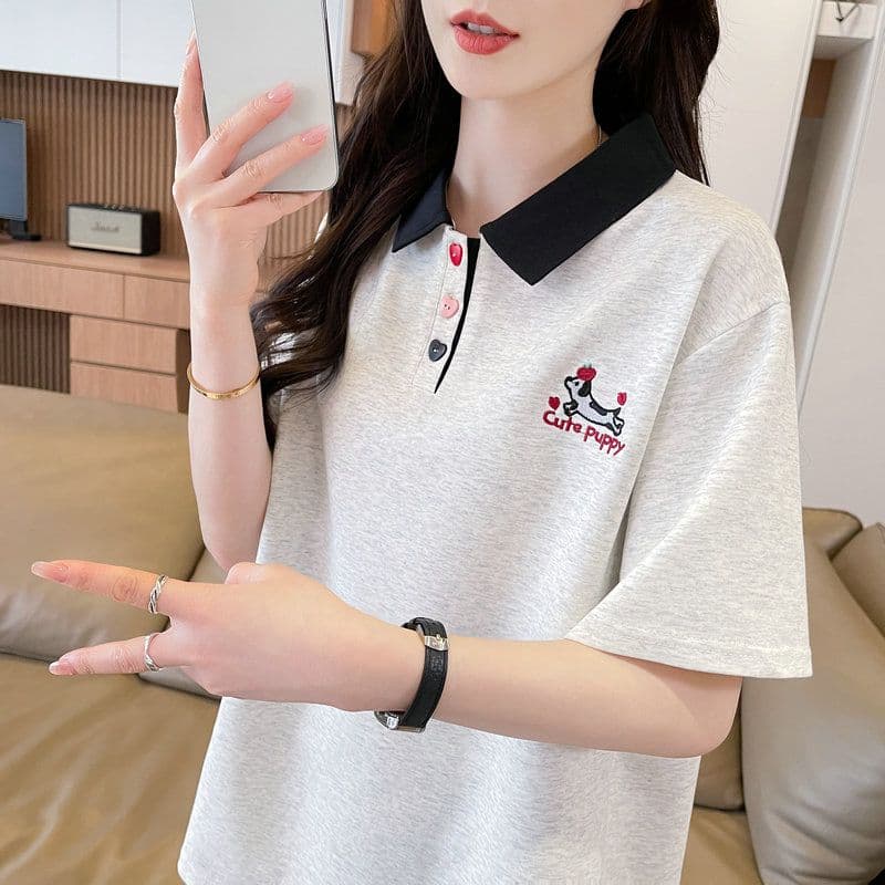 실사 2026 여름 50 면 50 폴리 에스터 남자 바 면 POLO 칼라 배색 강아지 반팔 티셔츠 여성 이미지 3