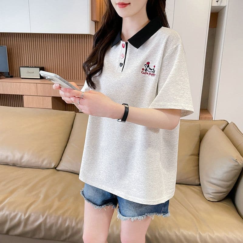 실사 2026 여름 50 면 50 폴리 에스터 남자 바 면 POLO 칼라 배색 강아지 반팔 티셔츠 여성 이미지 2