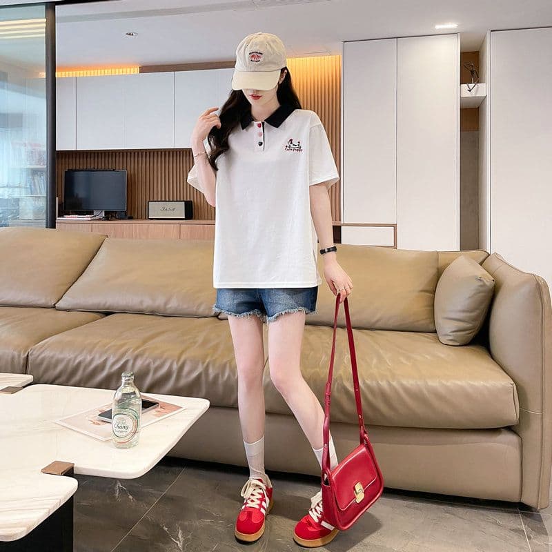 실사 2026 여름 50 면 50 폴리 에스터 남자 바 면 POLO 칼라 배색 강아지 반팔 티셔츠 여성 상세 이미지 2