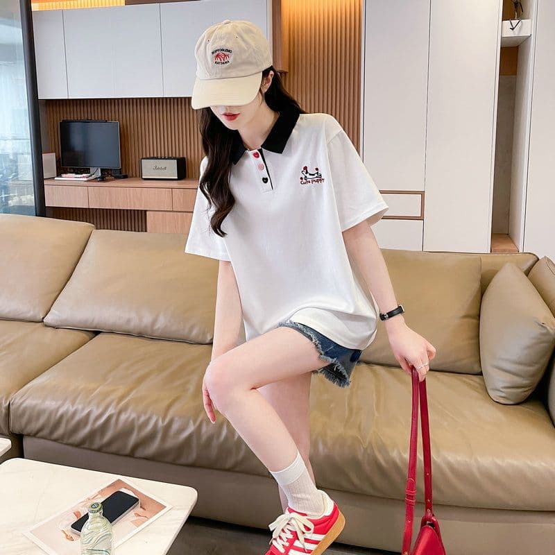 실사 2026 여름 50 면 50 폴리 에스터 남자 바 면 POLO 칼라 배색 강아지 반팔 티셔츠 여성 상세 이미지 3