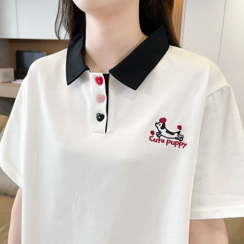 실사 2026 여름 50 면 50 폴리 에스터 남자 바 면 POLO 칼라 배색 강아지 반팔 티셔츠 여성 상세 이미지 4