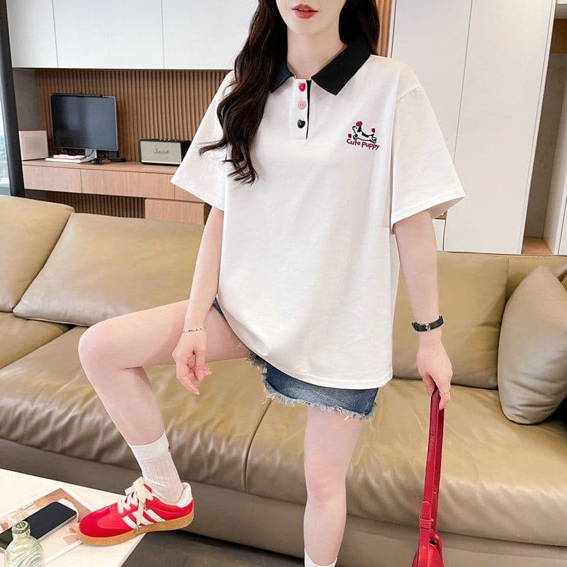 실사 2026 여름 50 면 50 폴리 에스터 남자 바 면 POLO 칼라 배색 강아지 반팔 티셔츠 여성 상세 이미지 7