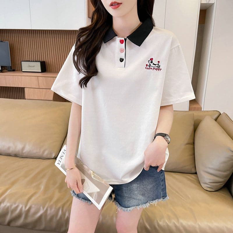 실사 2026 여름 50 면 50 폴리 에스터 남자 바 면 POLO 칼라 배색 강아지 반팔 티셔츠 여성 상세 이미지 10