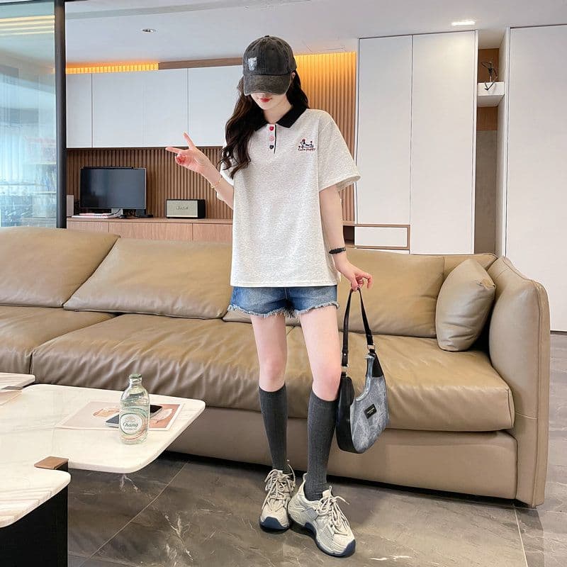 실사 2026 여름 50 면 50 폴리 에스터 남자 바 면 POLO 칼라 배색 강아지 반팔 티셔츠 여성 상세 이미지 13