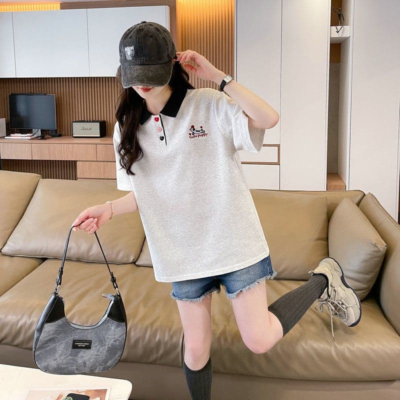실사 2026 여름 50 면 50 폴리 에스터 남자 바 면 POLO 칼라 배색 강아지 반팔 티셔츠 여성 상세 이미지 14