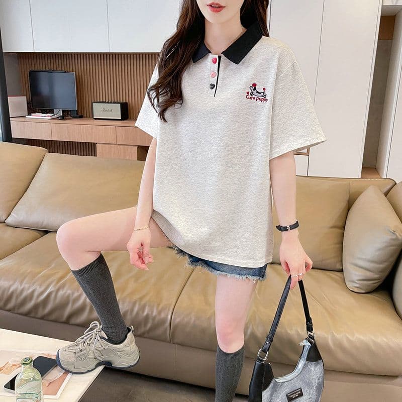 실사 2026 여름 50 면 50 폴리 에스터 남자 바 면 POLO 칼라 배색 강아지 반팔 티셔츠 여성 상세 이미지 15