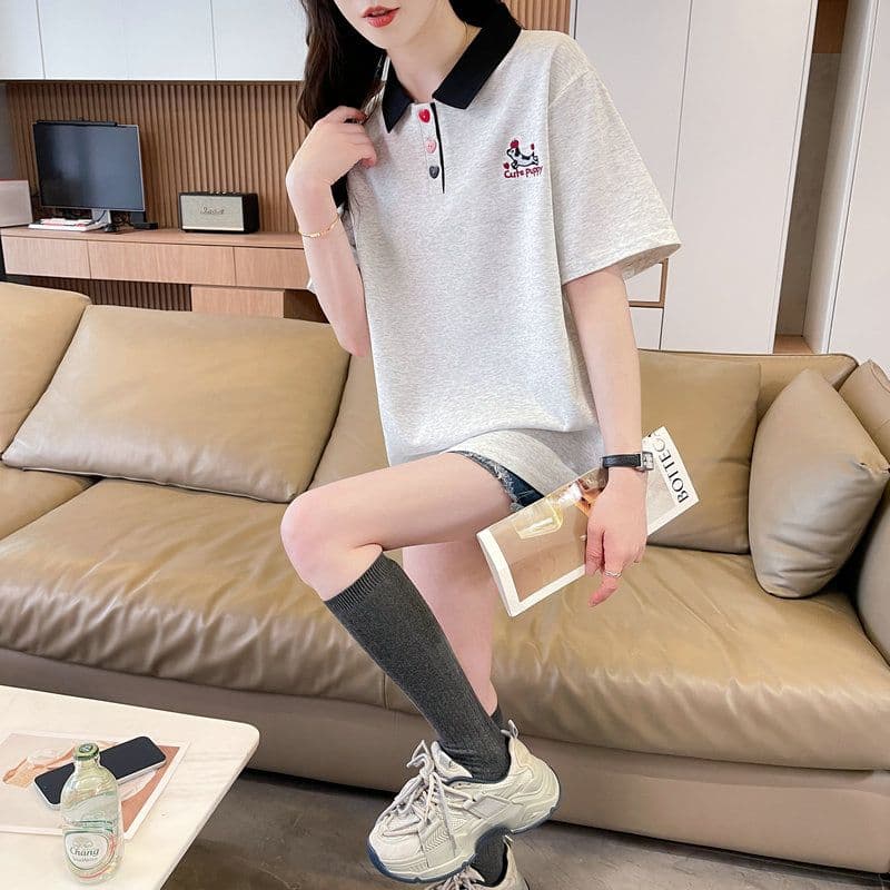 실사 2026 여름 50 면 50 폴리 에스터 남자 바 면 POLO 칼라 배색 강아지 반팔 티셔츠 여성 상세 이미지 18