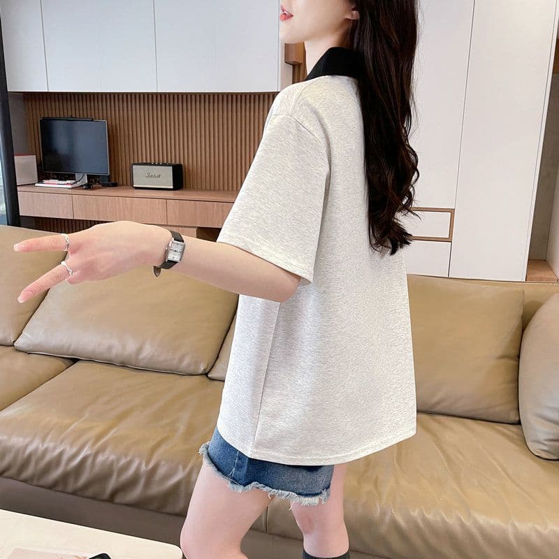 실사 2026 여름 50 면 50 폴리 에스터 남자 바 면 POLO 칼라 배색 강아지 반팔 티셔츠 여성 상세 이미지 19