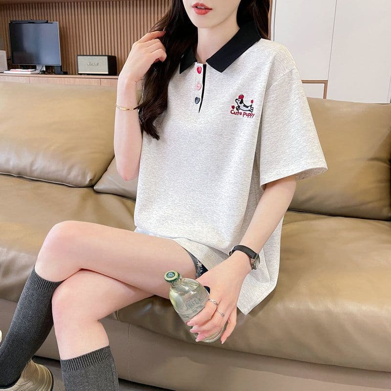 실사 2026 여름 50 면 50 폴리 에스터 남자 바 면 POLO 칼라 배색 강아지 반팔 티셔츠 여성 상세 이미지 20