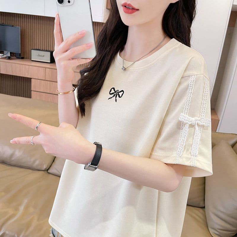 실사 2026 여름 50 면 50 폴리 에스터 남자 바 면 레이스 레이스 반팔 티셔츠 여성 이미지 5
