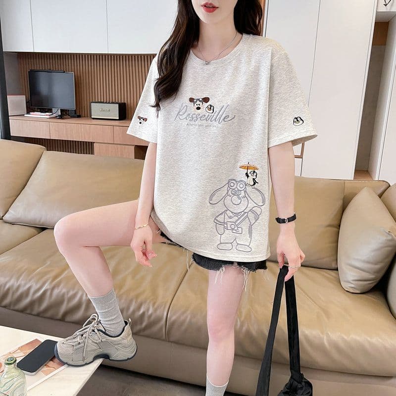 실사 2026 여름 50 면 50 폴리 에스터 남자 바 면 자수 강아지 반팔 티셔츠 여성 이미지 2