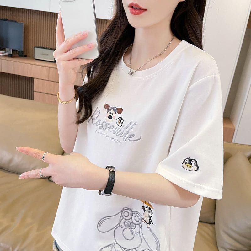 실사 2026 여름 50 면 50 폴리 에스터 남자 바 면 자수 강아지 반팔 티셔츠 여성 상세 이미지 9