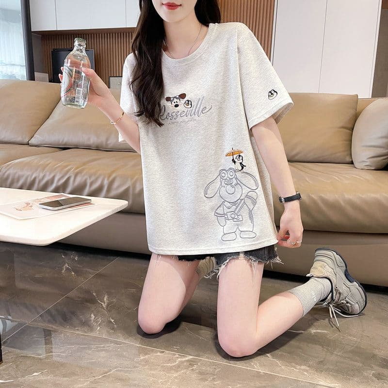 실사 2026 여름 50 면 50 폴리 에스터 남자 바 면 자수 강아지 반팔 티셔츠 여성 상세 이미지 20