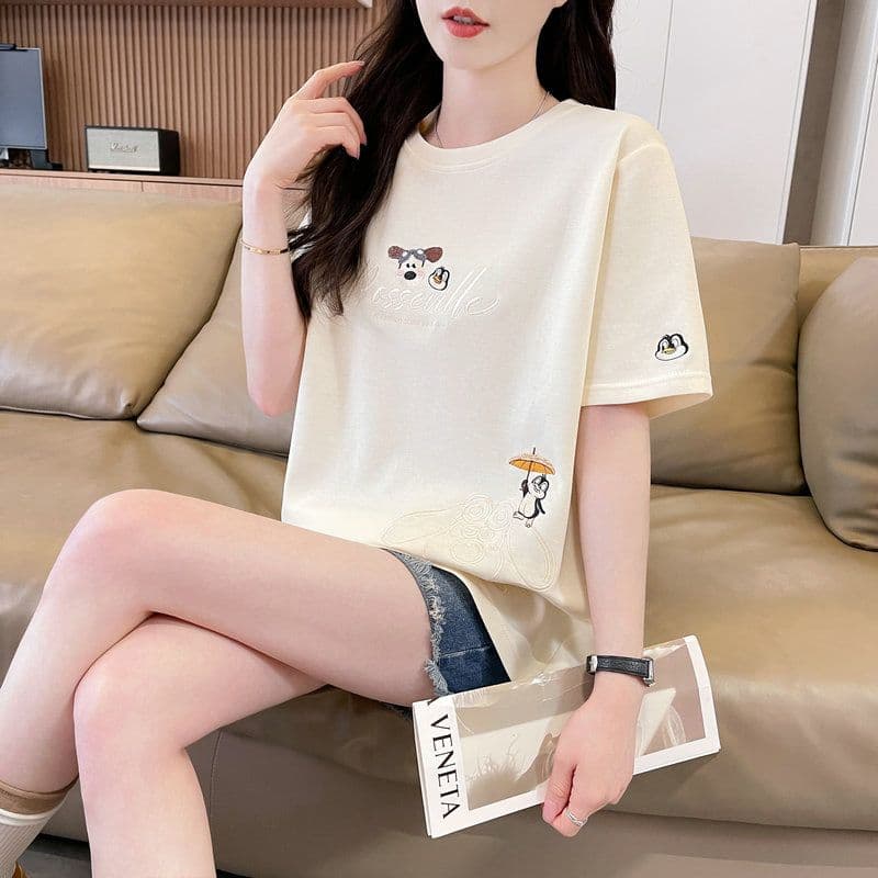 실사 2026 여름 50 면 50 폴리 에스터 남자 바 면 자수 강아지 반팔 티셔츠 여성 상세 이미지 28
