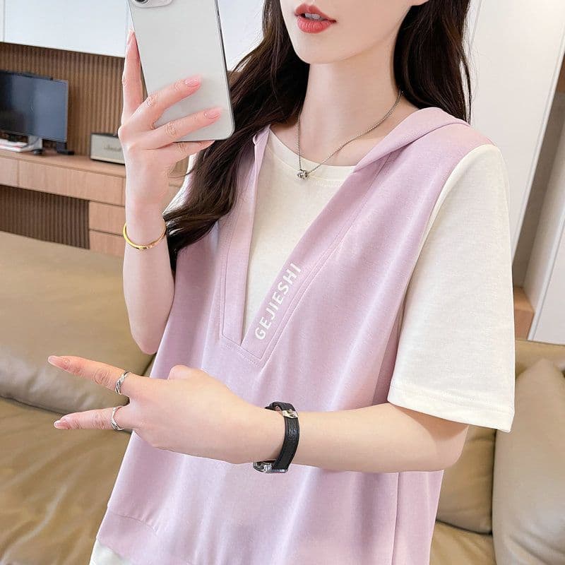 실사 2026 여름 모방 면 차가운 실크 코튼 1x1 페이크 레이어드 반팔 티셔츠 여성 이미지 3