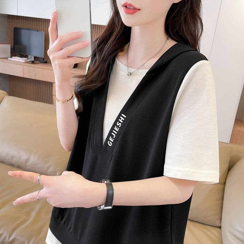 실사 2026 여름 모방 면 차가운 실크 코튼 1x1 페이크 레이어드 반팔 티셔츠 여성 이미지 4