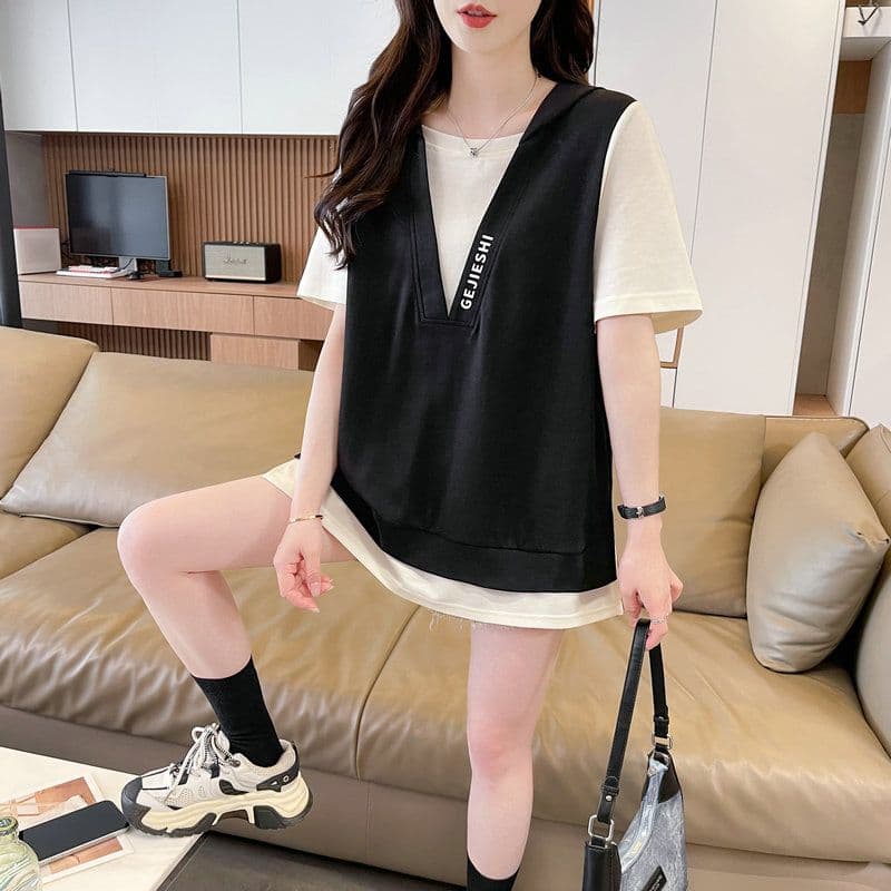 실사 2026 여름 모방 면 차가운 실크 코튼 1x1 페이크 레이어드 반팔 티셔츠 여성 상세 이미지 4