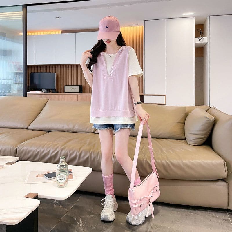 실사 2026 여름 모방 면 차가운 실크 코튼 1x1 페이크 레이어드 반팔 티셔츠 여성 상세 이미지 10