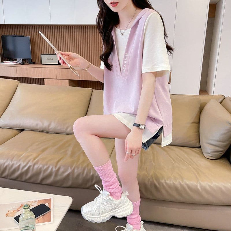 실사 2026 여름 모방 면 차가운 실크 코튼 1x1 페이크 레이어드 반팔 티셔츠 여성 상세 이미지 15