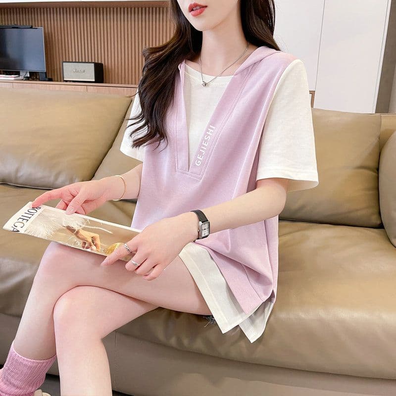 실사 2026 여름 모방 면 차가운 실크 코튼 1x1 페이크 레이어드 반팔 티셔츠 여성 상세 이미지 17