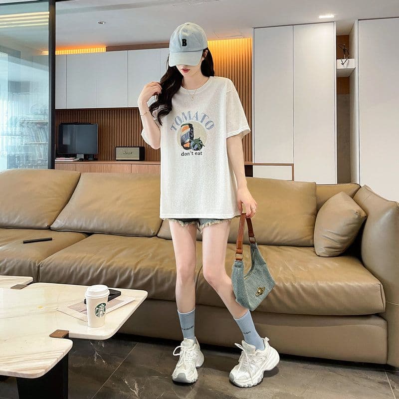 실사 2026 여름 눈꽃 면 60 면 40 폴리 에스터 만화 프린트 마이크로 ~을 통해 반팔 티셔츠 여성 상세 이미지 2