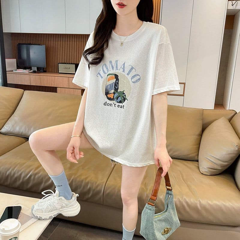 실사 2026 여름 눈꽃 면 60 면 40 폴리 에스터 만화 프린트 마이크로 ~을 통해 반팔 티셔츠 여성 상세 이미지 5