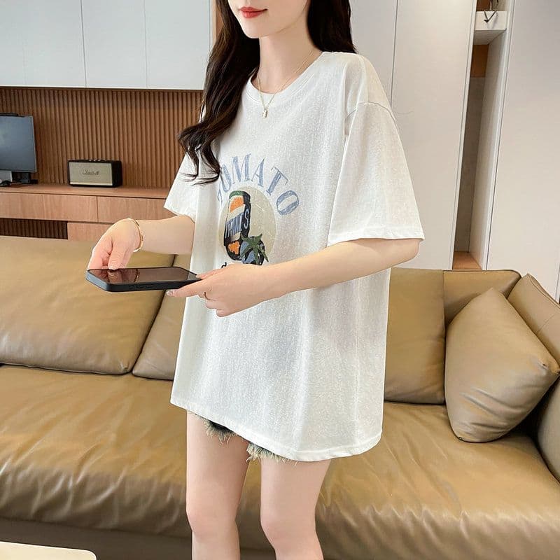 실사 2026 여름 눈꽃 면 60 면 40 폴리 에스터 만화 프린트 마이크로 ~을 통해 반팔 티셔츠 여성 상세 이미지 9