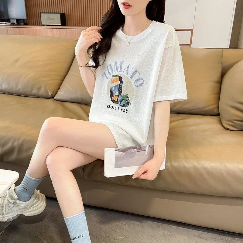 실사 2026 여름 눈꽃 면 60 면 40 폴리 에스터 만화 프린트 마이크로 ~을 통해 반팔 티셔츠 여성 상세 이미지 12