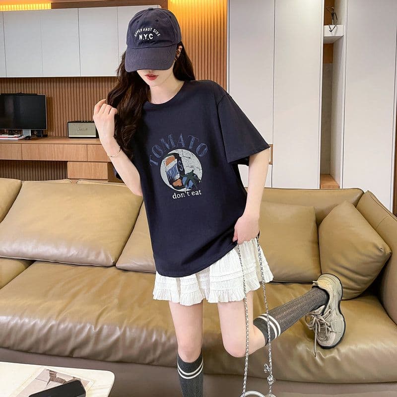 실사 2026 여름 눈꽃 면 60 면 40 폴리 에스터 만화 프린트 마이크로 ~을 통해 반팔 티셔츠 여성 상세 이미지 14