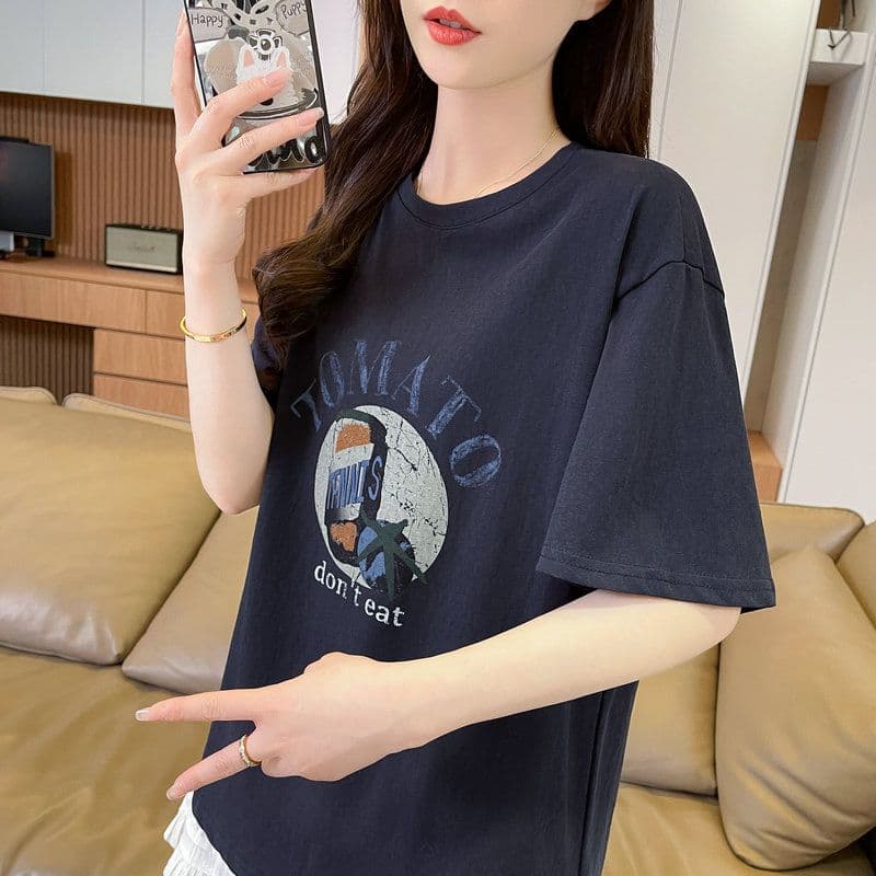 실사 2026 여름 눈꽃 면 60 면 40 폴리 에스터 만화 프린트 마이크로 ~을 통해 반팔 티셔츠 여성 상세 이미지 18