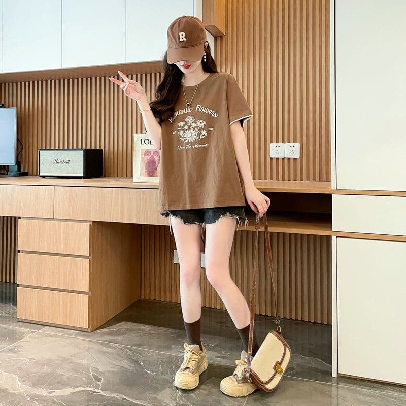 실사 2026 여름 순면 프린트 페이크 레이어드 반팔 티셔츠 여성 상세 이미지 2