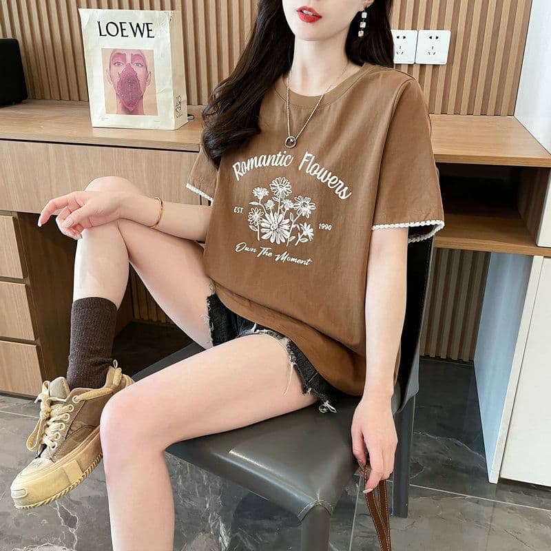 실사 2026 여름 순면 프린트 페이크 레이어드 반팔 티셔츠 여성 상세 이미지 9