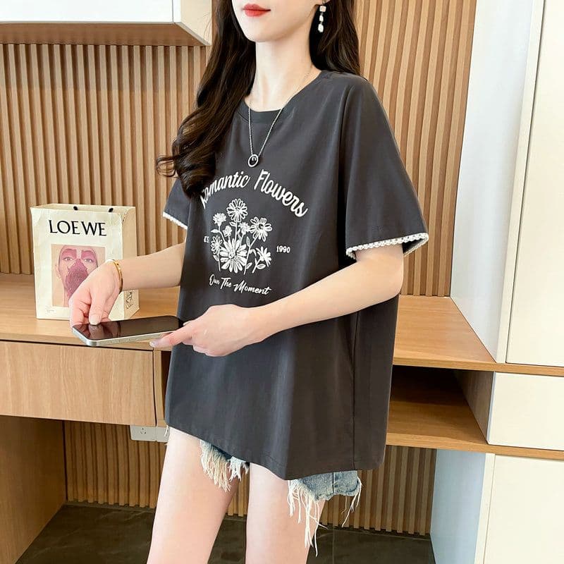 실사 2026 여름 순면 프린트 페이크 레이어드 반팔 티셔츠 여성 상세 이미지 17